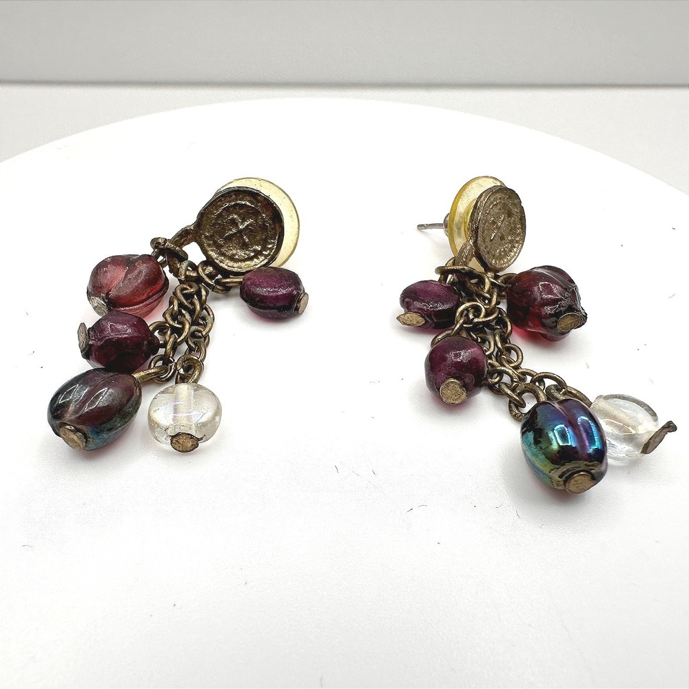 Vintage Y2K Grapes Dangle Earrings Iridescent‎ Beaded Brass Tone Chain Jewelry
